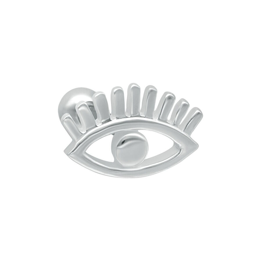 Barbell piercing oreille argenté en forme d'œil sur fond blanc