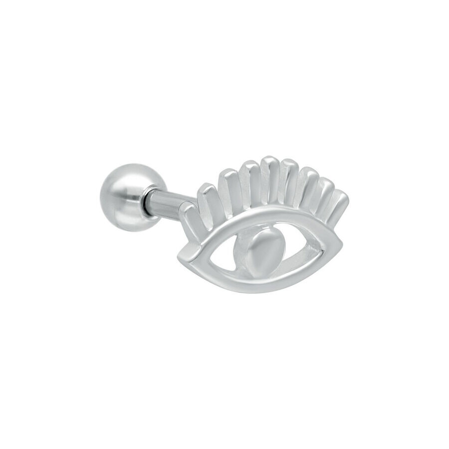 Piercing d'oreille argenté en forme d'œil avec cils, sur fond blanc