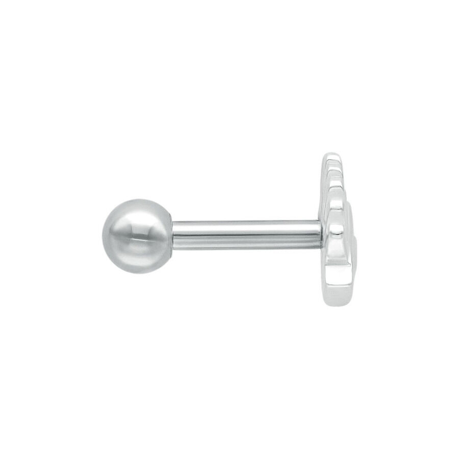 Barbell d'oreille argenté en acier chirurgical, vue latérale sur fond blanc