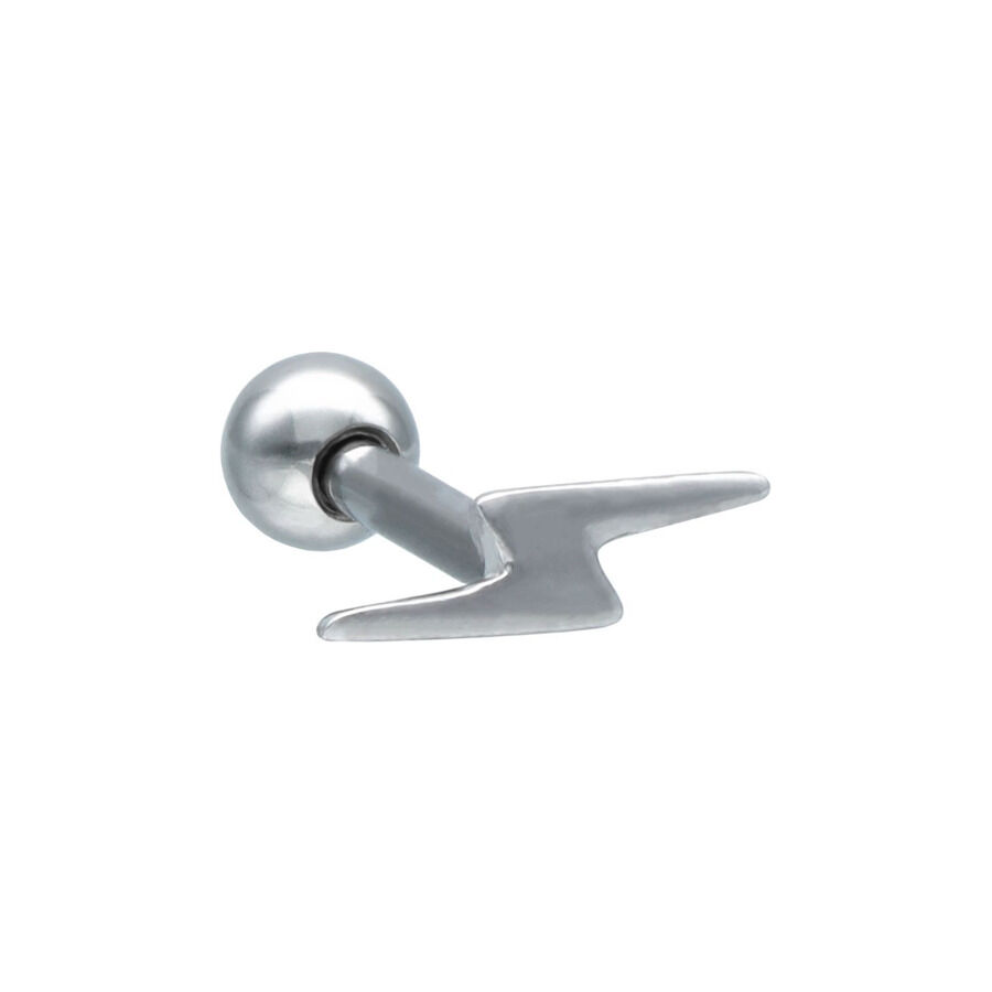 Piercing d'oreille barbell éclair argenté Piercing d'oreille argenté en forme d'éclair sur fond blanc