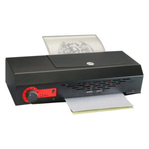 Copieur thermique noir avec bouton rotatif rouge sur fond blanc