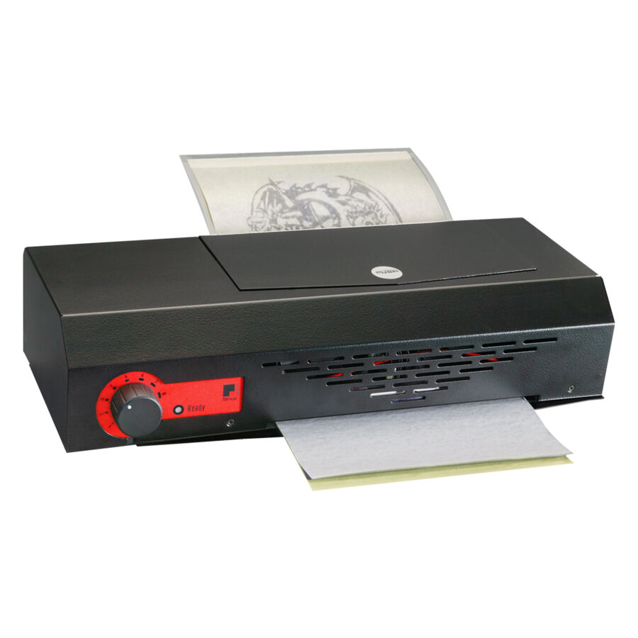 Copieur thermique noir pour modèles de tatouage Copieur thermique noir avec bouton rotatif rouge sur fond blanc