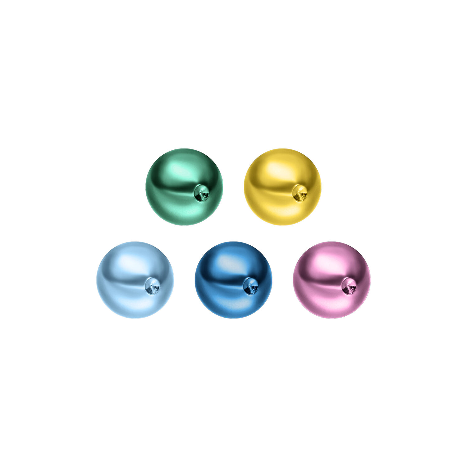 Boules Clip In en Titane Colorées pour Piercings Cinq boules Clip In en titane colorées en bleu foncé, violet, bleu clair, vert foncé et jaune sur fond blanc