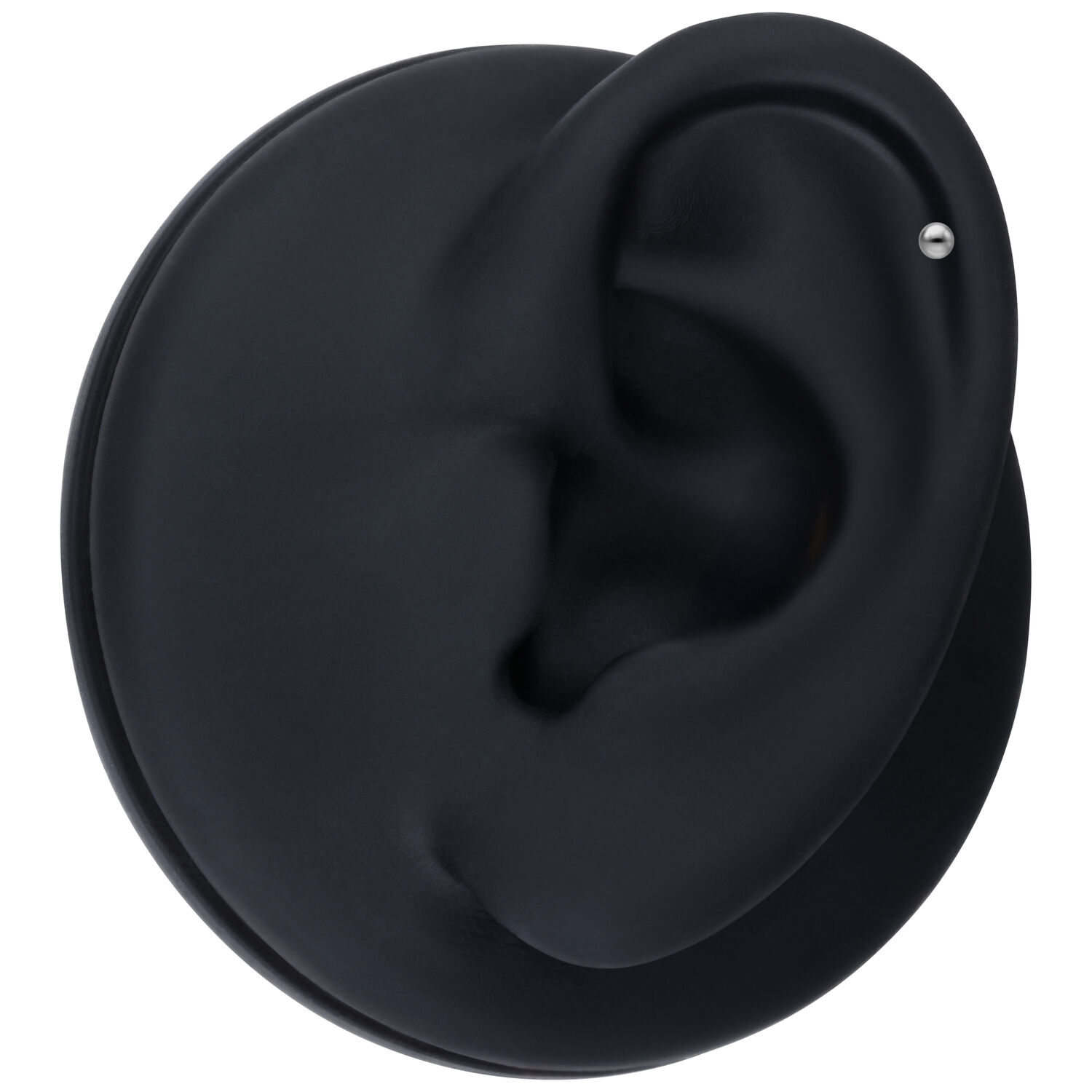 Boule noire pour labrets Push Fit Boule en titane noire sur un modèle d'oreille noir sur fond blanc