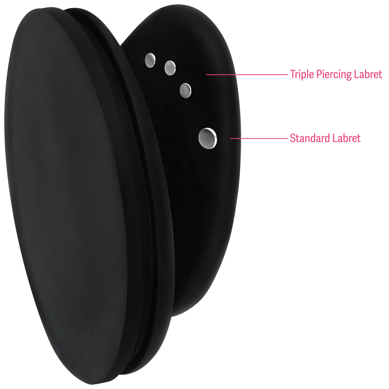 Labret Triple Piercing Noir Pushfit Labret noir avec trois trous de piercing, sur fond blanc