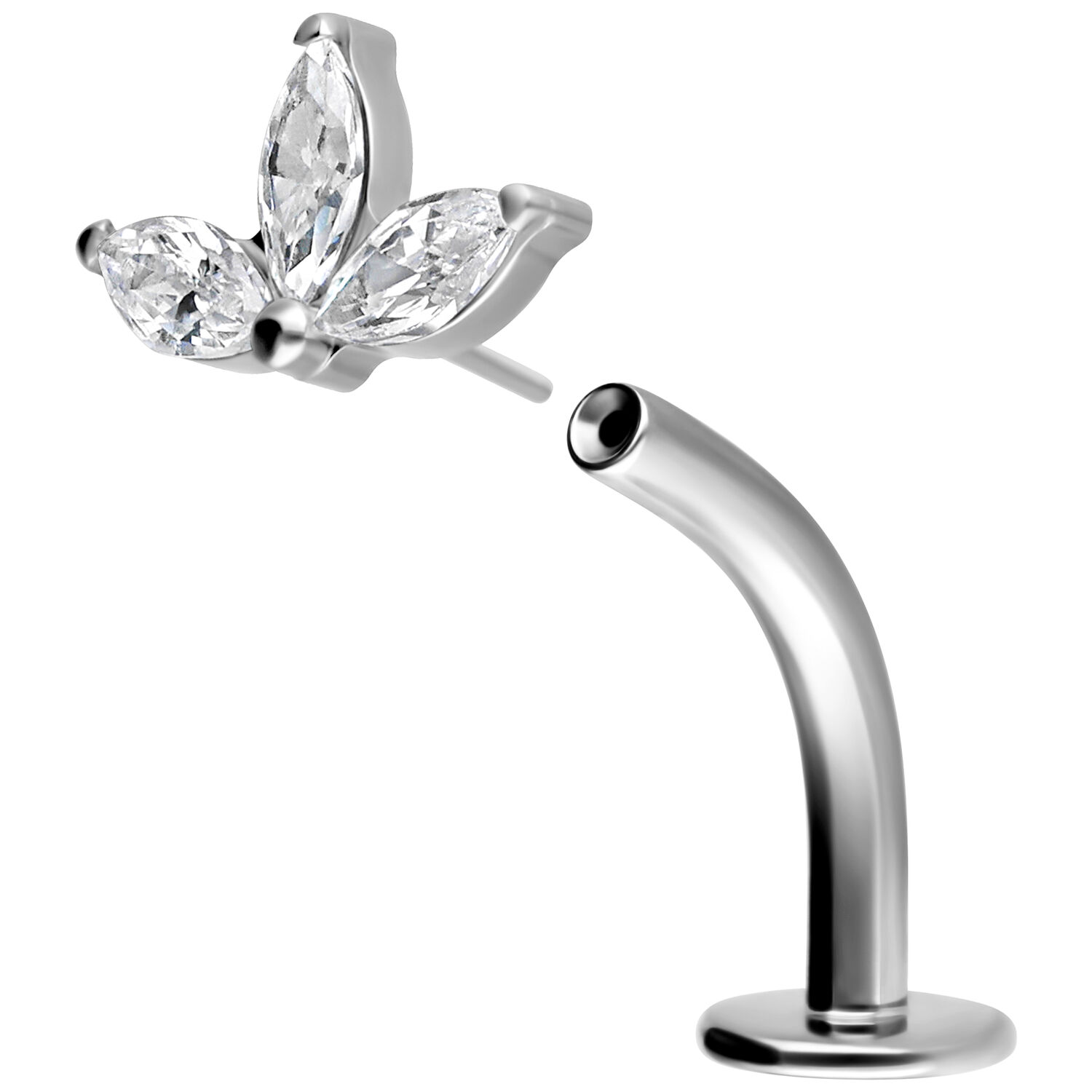 Labret courbé en titane avec fleur de cristal Labret courbé en titane argenté avec fleur de cristal sur fond blanc