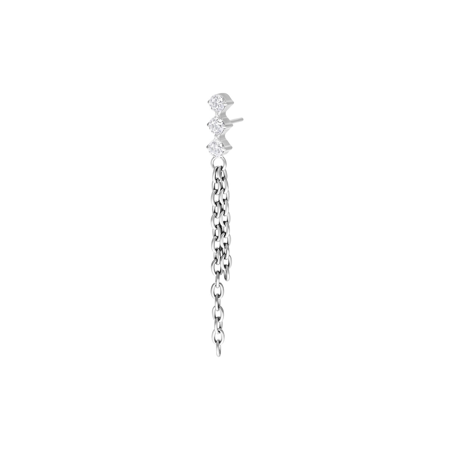 Embout Push Fit argenté avec chaînes en cristal Embout de piercing argenté avec trois cristaux clairs et chaînes pendantes sur fond blanc