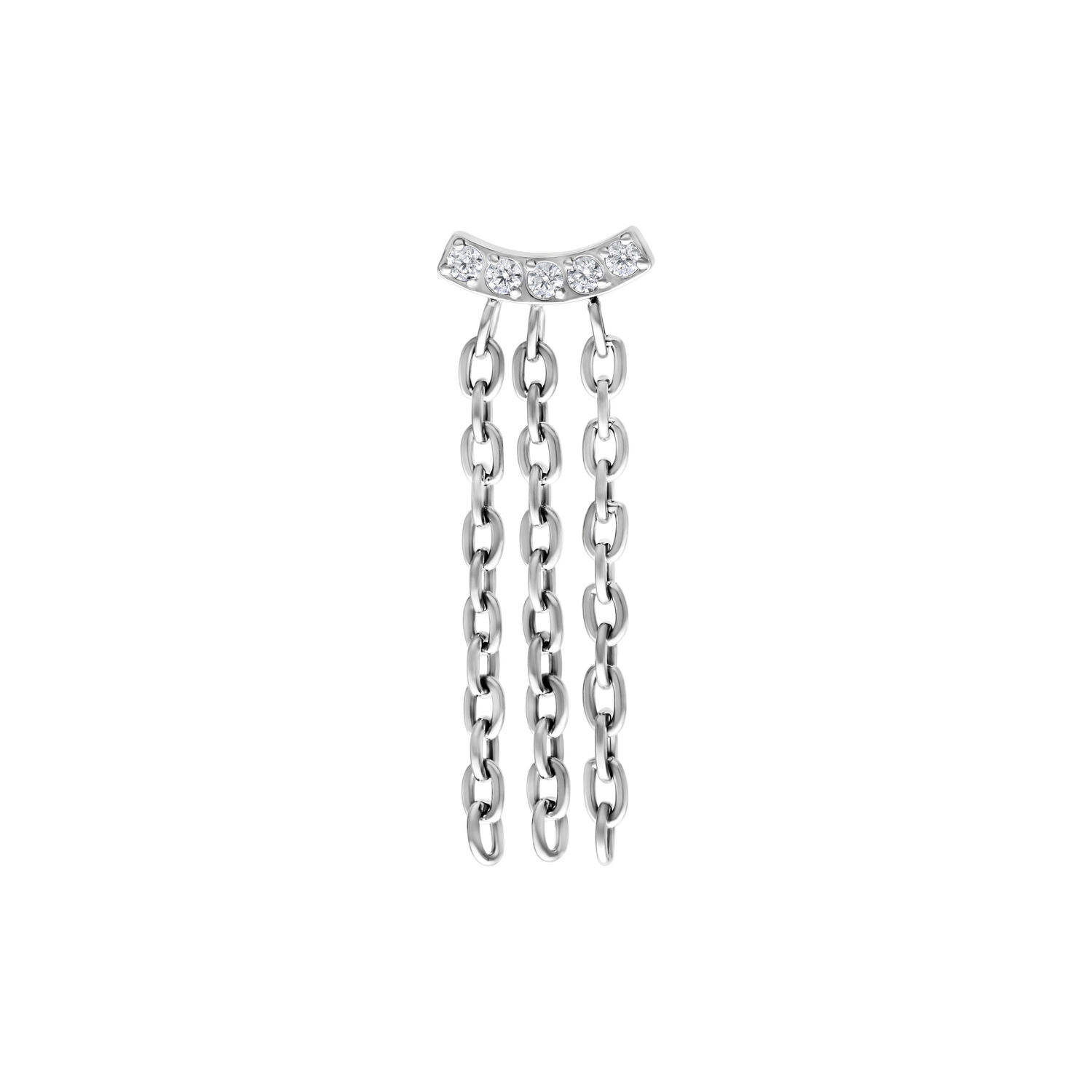 Embout Chaîne Bar Cristal Push Fit Argenté Embout de piercing argenté avec cristaux et chaînes sur fond blanc