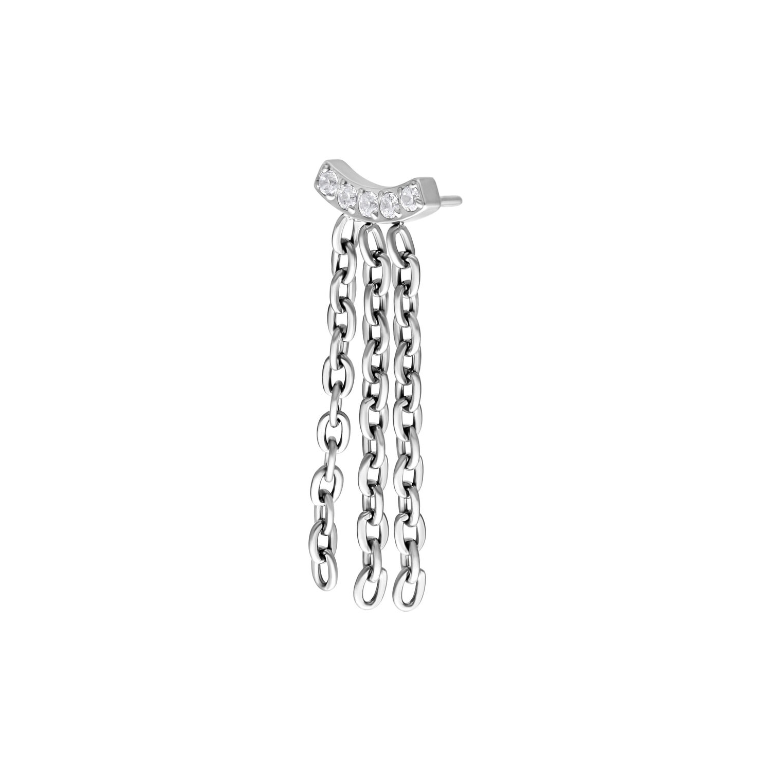 Embout de chaîne Push Fit argenté avec cristaux Embout de piercing argenté avec cristaux clairs et chaînes sur fond blanc