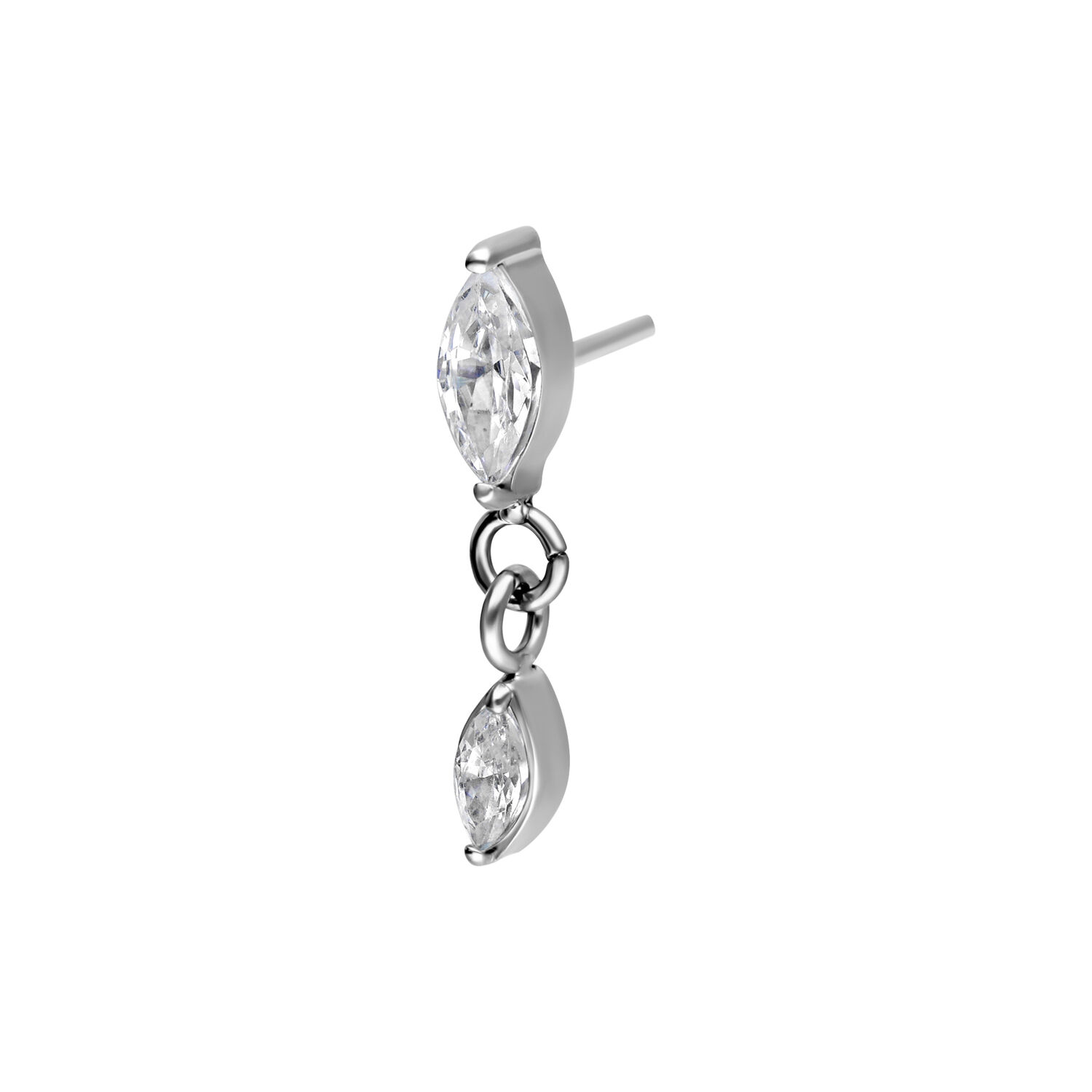 Embout Push Fit argenté avec cristal ovale clair sur fond blanc