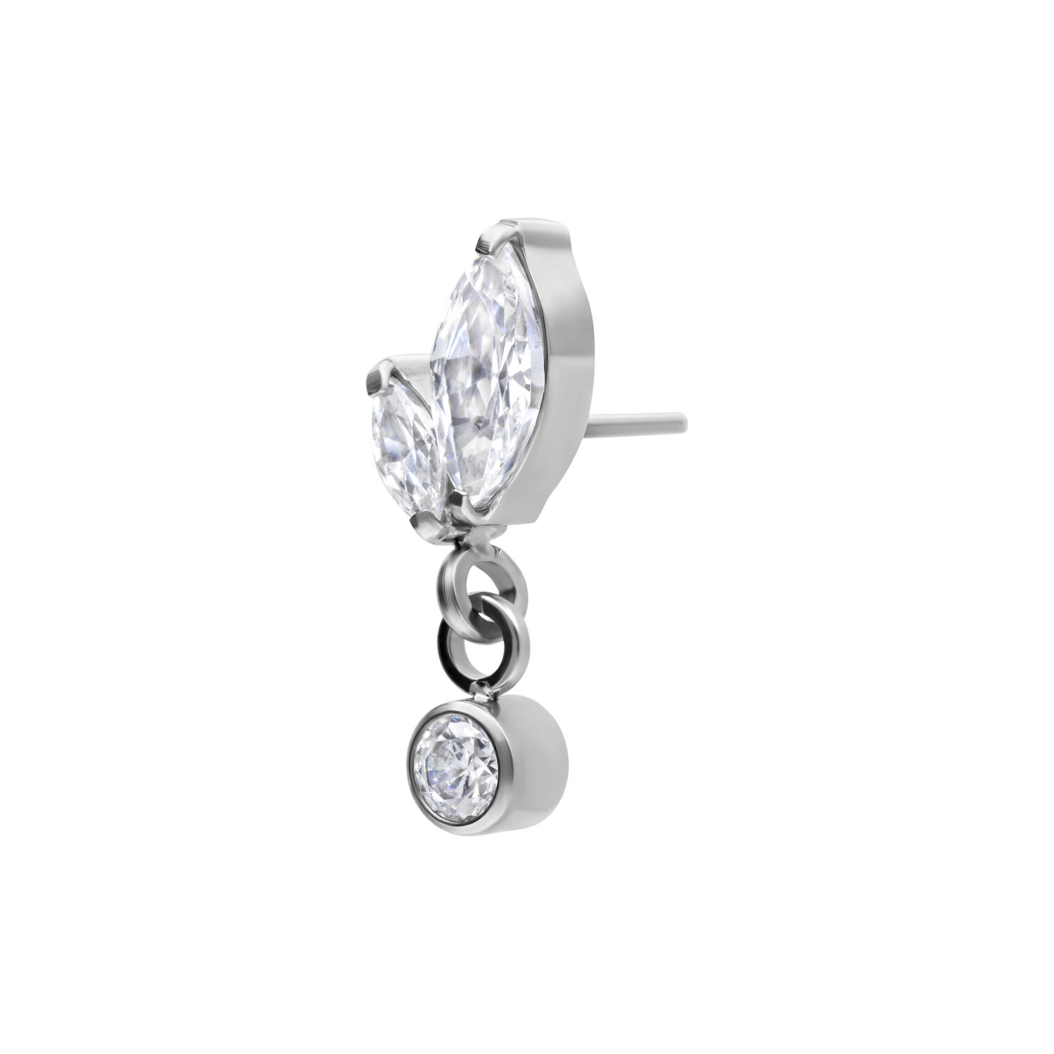 Embout Push Fit argenté avec cristaux Embout Push Fit argenté avec deux cristaux clairs et pendentif sur fond blanc