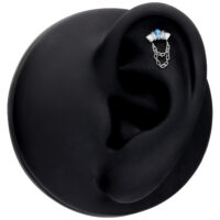 Push Fit Ocean Gleam embout en lavande et turquoise Embout Push Fit argenté avec cristaux lavande et turquoise sur présentoir d'oreille noir