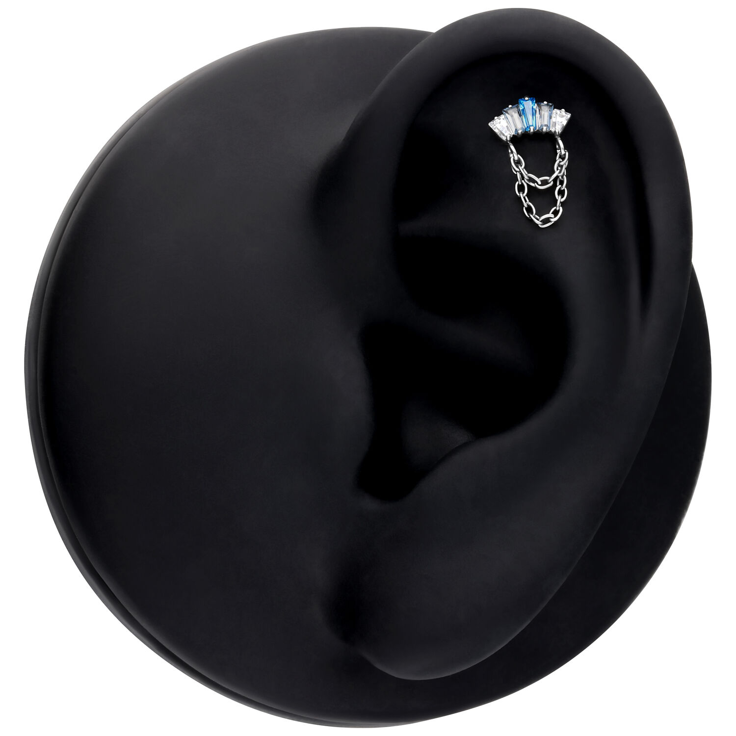 Push Fit Ocean Gleam embout en lavande et turquoise Embout Push Fit argenté avec cristaux lavande et turquoise sur présentoir d'oreille noir
