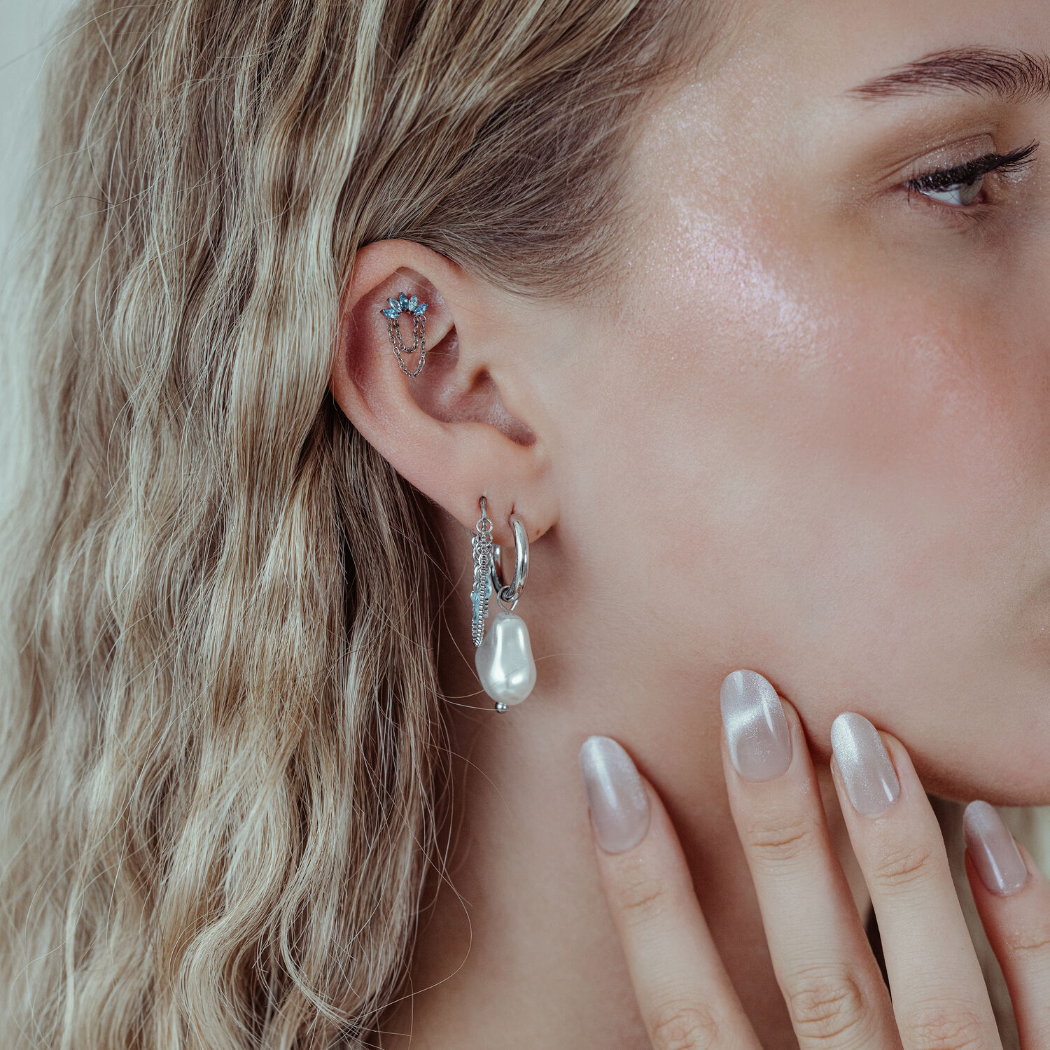 Embout Push Fit avec cristaux lavande et turquoise Oreille avec embout Push Fit argenté, cristaux lavande et turquoise