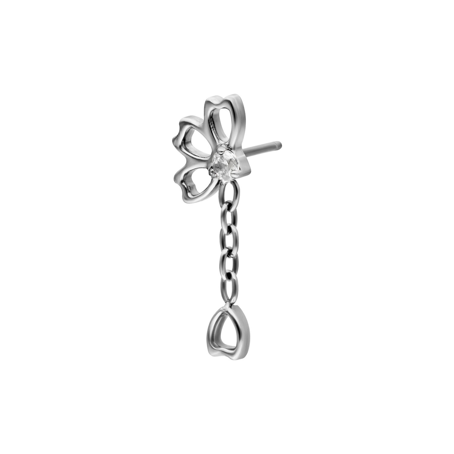 Embout Push Fit argenté avec cristal Embout de piercing argenté en forme de fleur avec chaîne en cristal sur fond blanc