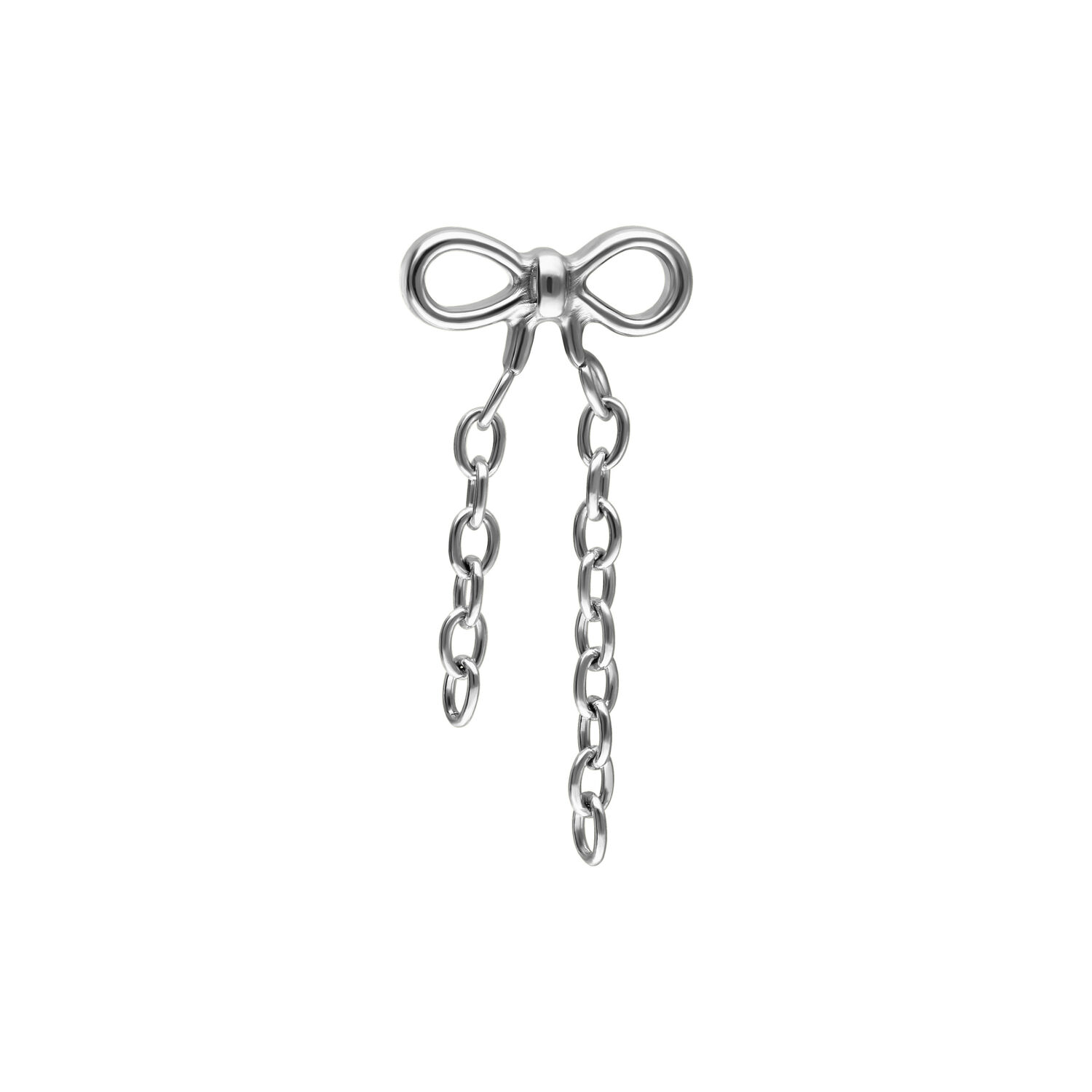 Pendentif Push Fit argenté avec nœud Pendentif en titane argenté en forme de nœud avec chaînes pendantes, sur fond blanc