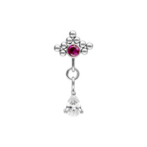 Embout de piercing argenté avec cristal rouge et pendentif ovale sur fond blanc.