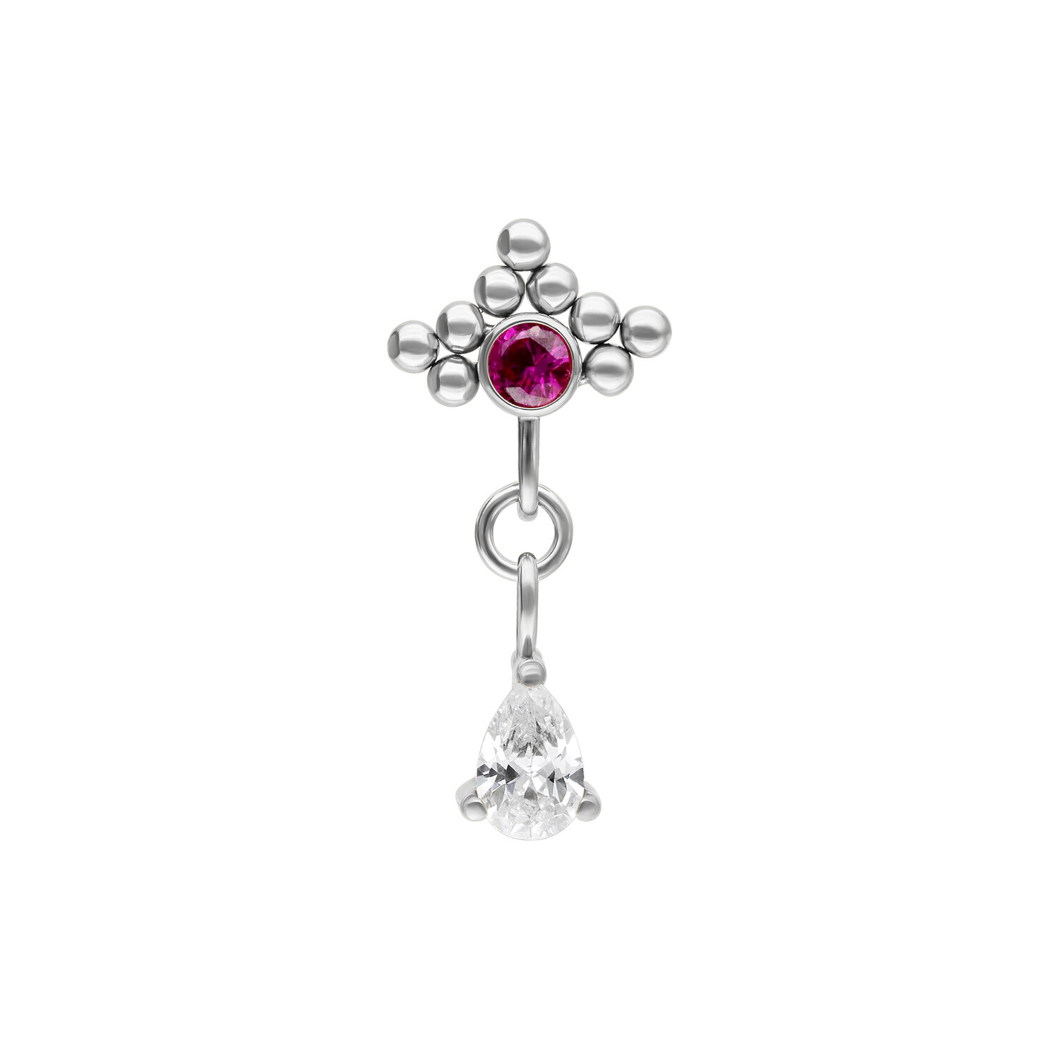 Piercing push-fit argent avec cristal rouge Embout de piercing argenté avec cristal rouge et pendentif ovale sur fond blanc.