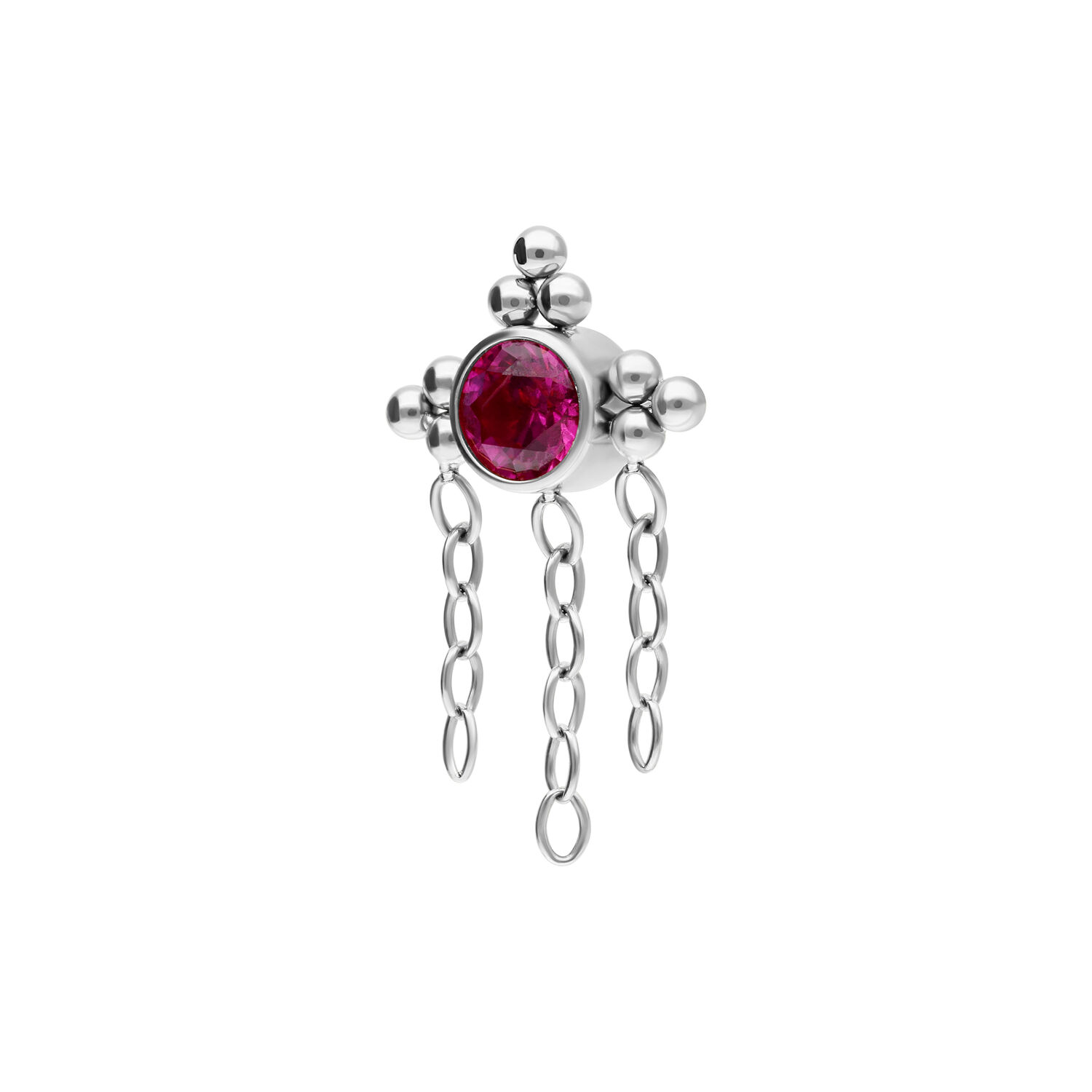 Embout Push Fit argenté avec cristal rouge Embout de bijou argenté avec cristal rouge et chaînes pendantes sur fond blanc