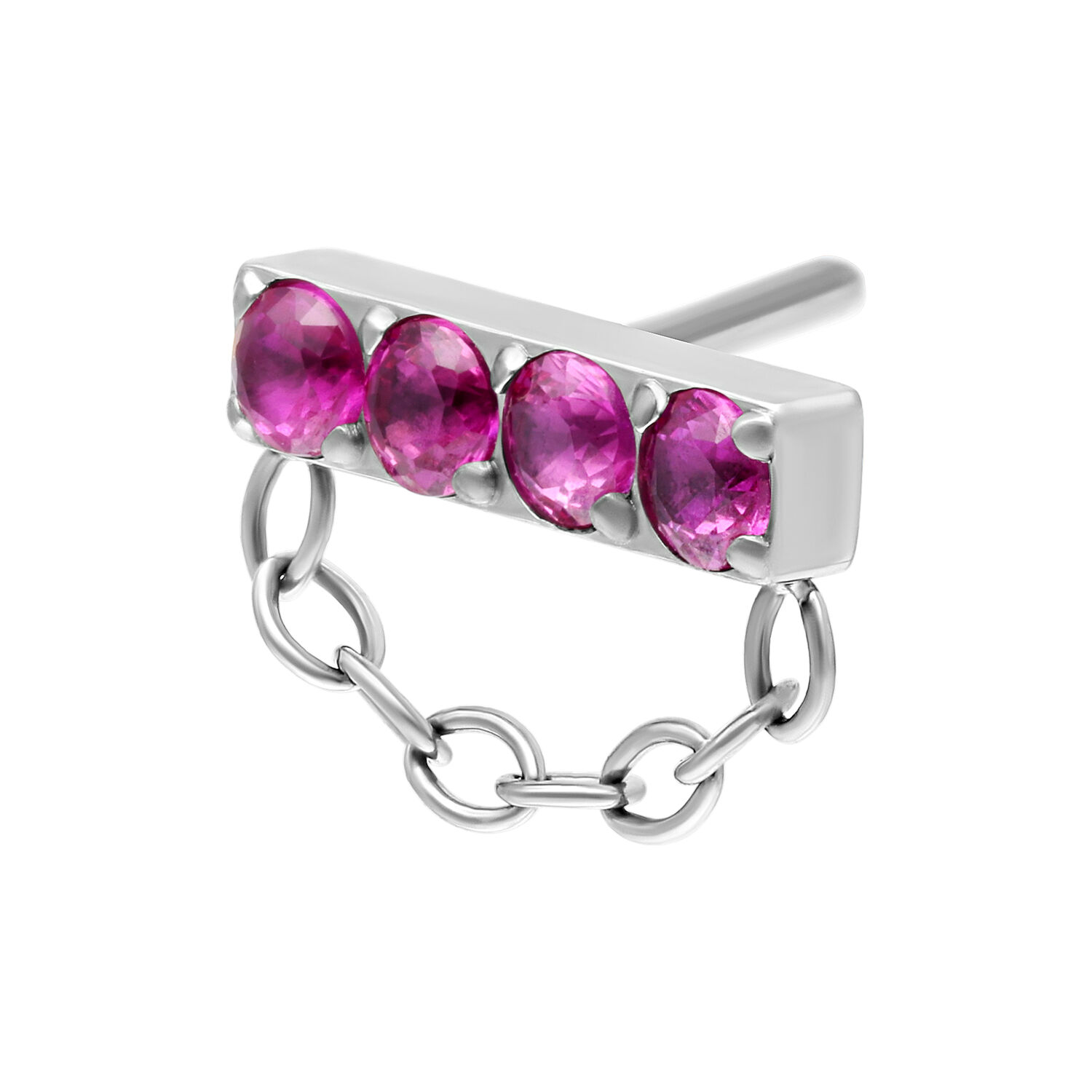Embout Push Fit argenté avec pierres de rubis Embout de piercing argenté avec quatre pierres rouges et chaîne, photographié de côté
