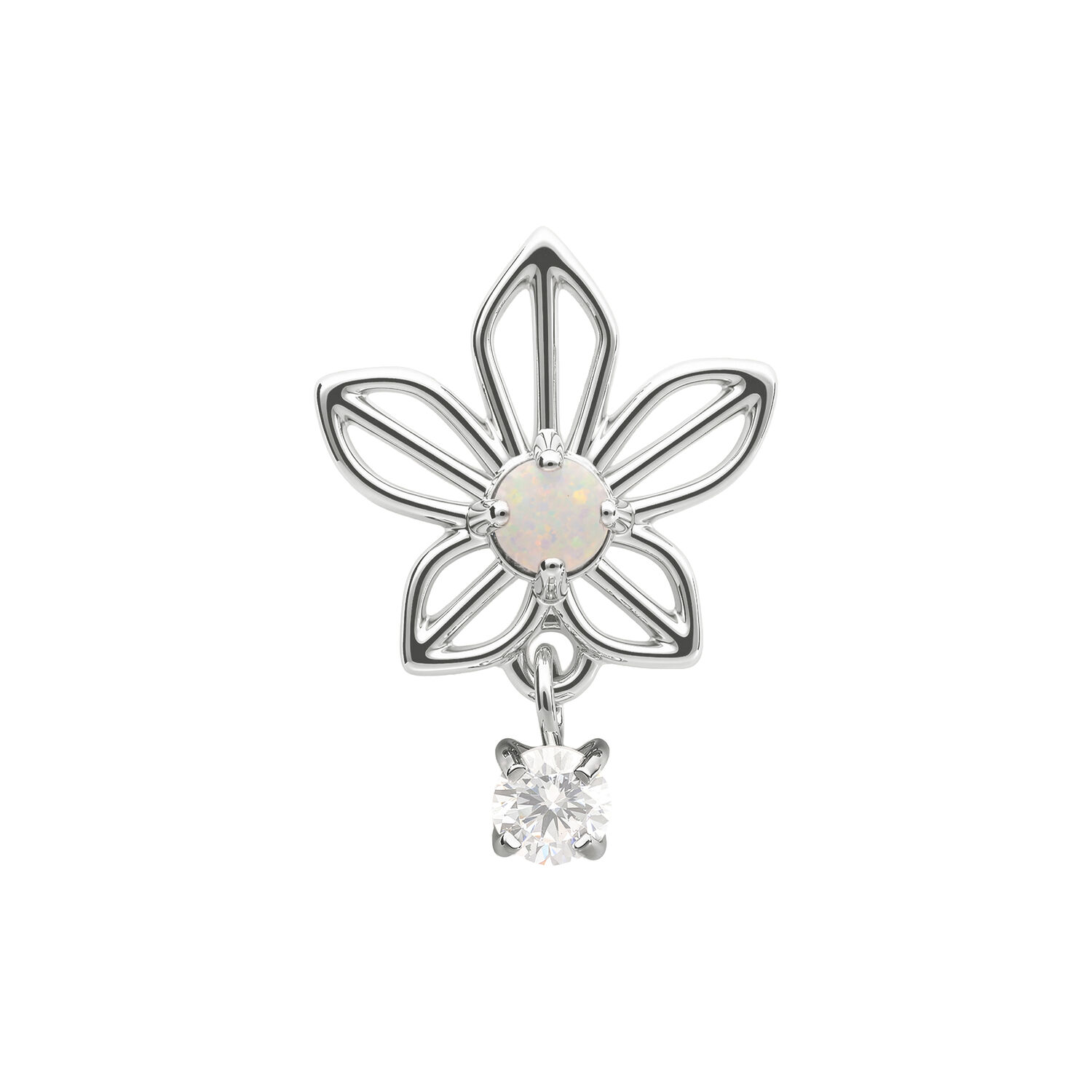 Embout Jasmin en or blanc avec opale Embout en forme de fleur de jasmin en or blanc avec opale synthétique suspendue sur fond blanc
