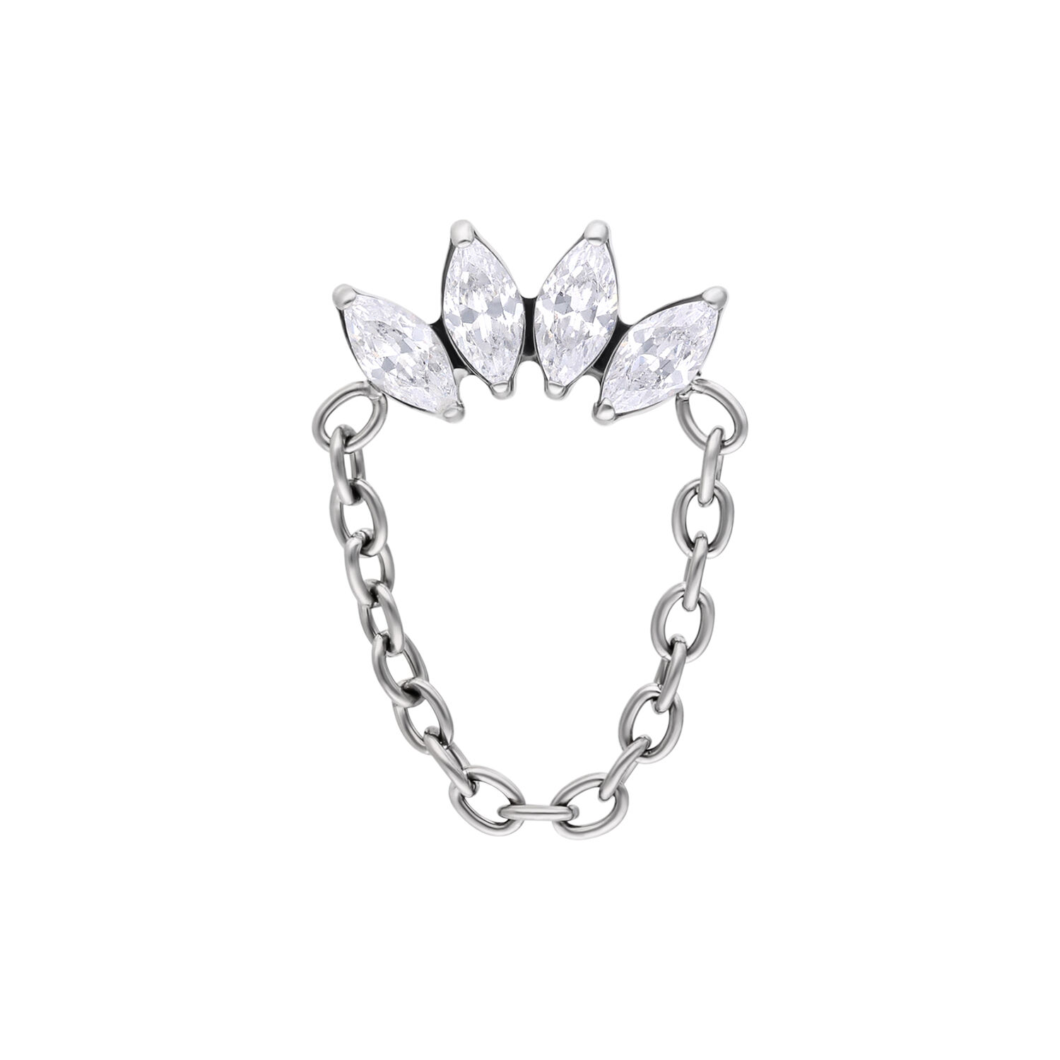 Embout de couronne en cristal argenté avec chaîne Embout de piercing argenté en forme de couronne avec cristaux clairs et chaîne sur fond blanc