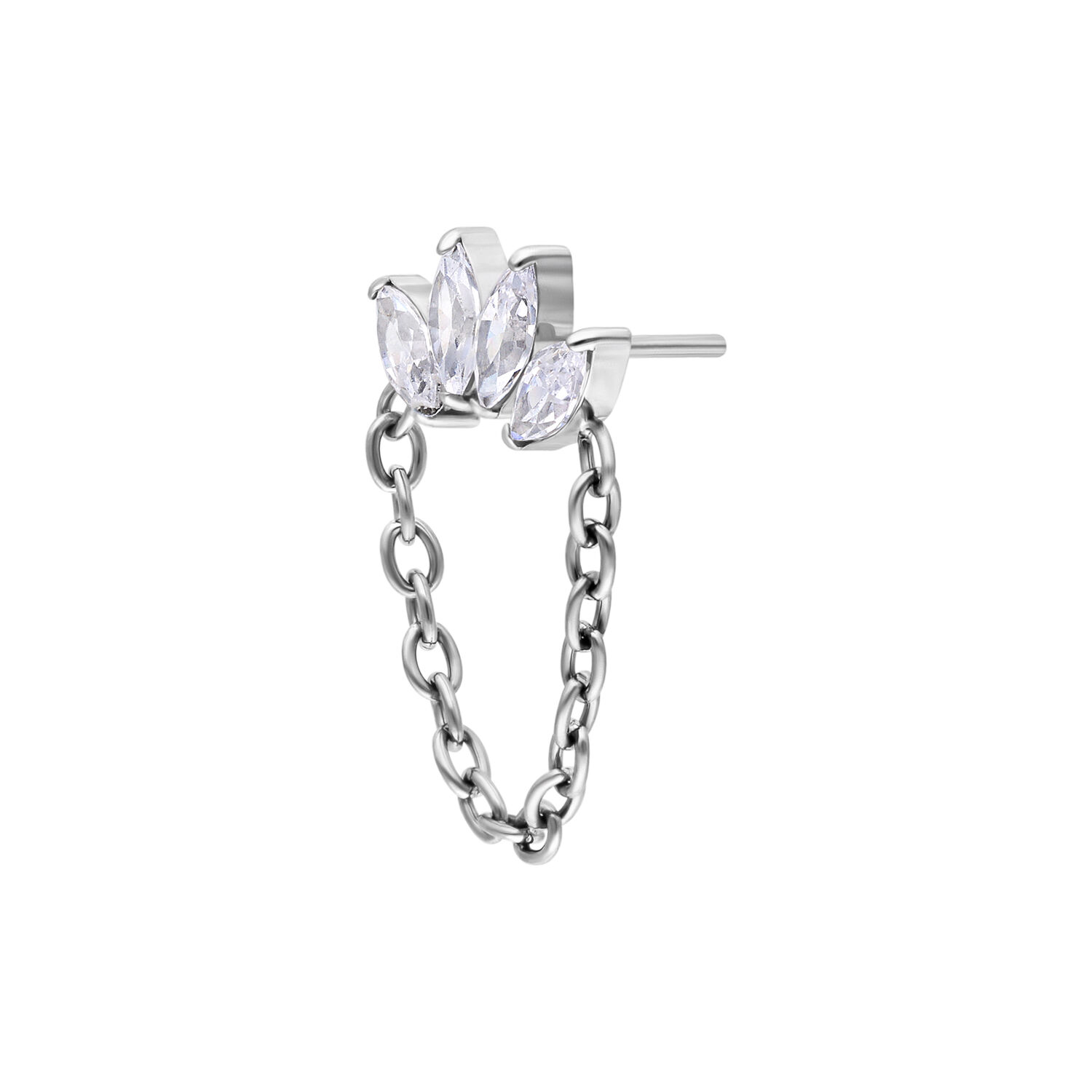 Embout de piercing en cristal argenté avec chaîne Embout de piercing argenté avec couronnes en cristal et chaîne sur fond blanc