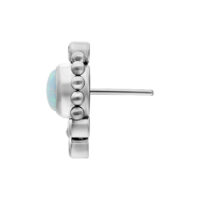 Embout en titane argenté avec opale pour piercings Embout en titane argenté avec opale blanche et système Push-Fit, vue latérale
