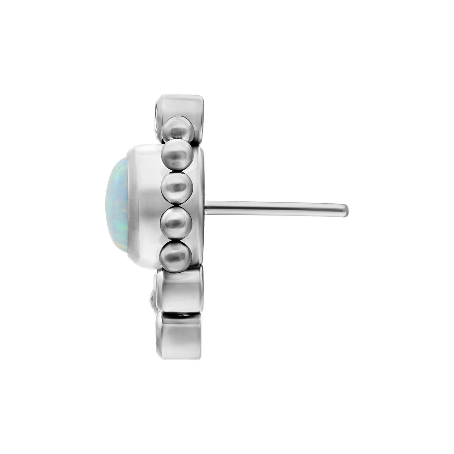 Embout en titane argenté avec opale pour piercings Embout en titane argenté avec opale blanche et système Push-Fit, vue latérale