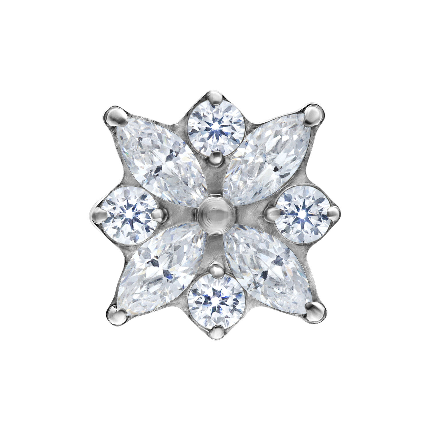Embout Argenté Crystal Blossom Push Fit Embout argenté en forme de fleur avec des cristaux clairs sur fond blanc