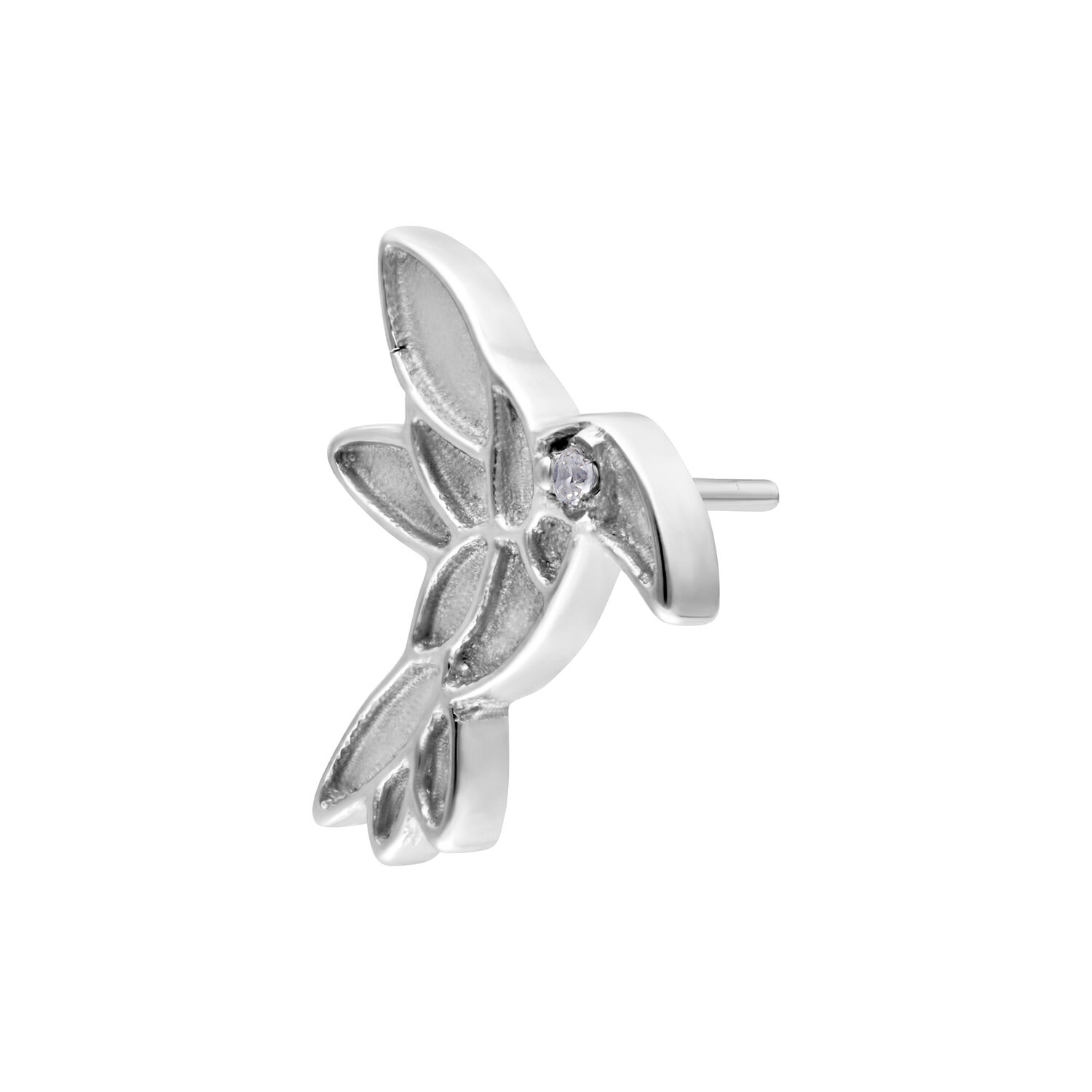 Embout de piercing colibri argenté Embout colibri argenté avec cristal de côté sur fond blanc