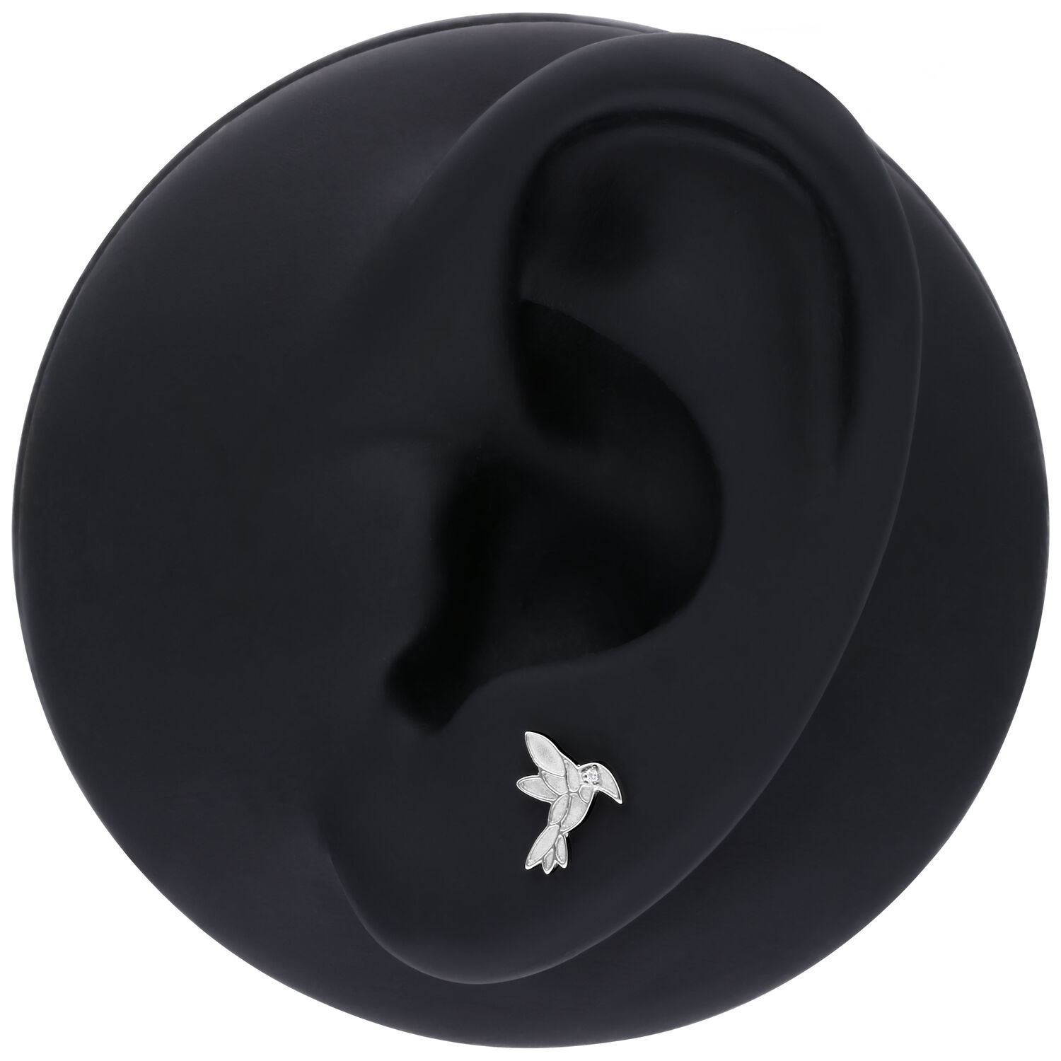 Embout de piercing colibri en or blanc Embout colibri en or blanc dans une oreille sur fond d'affichage noir