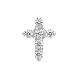 Embout croix argenté avec cinq cristaux clairs sur fond blanc