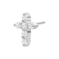 Piercing croix argentée avec cristaux Embout croix argentée avec cristaux clairs sur fond blanc