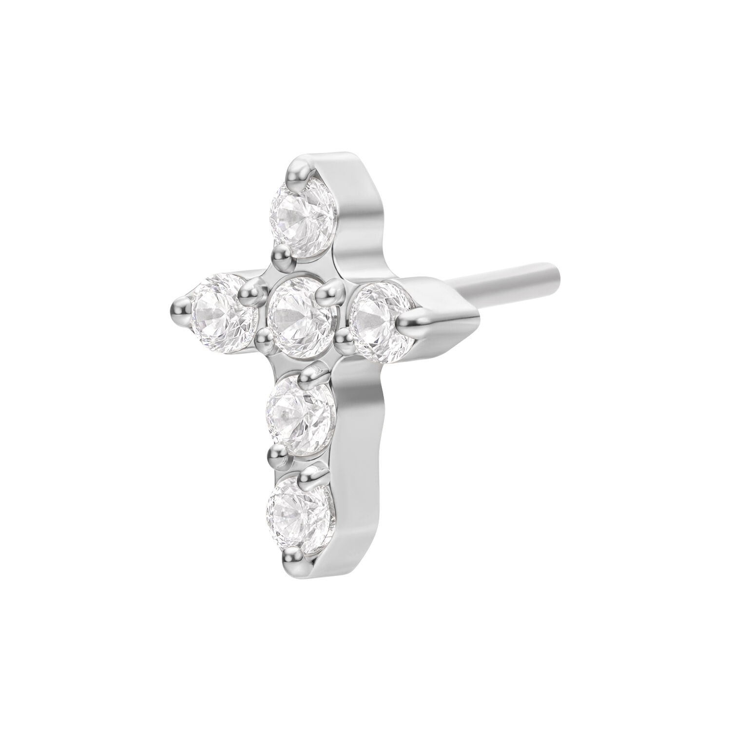 Piercing croix argentée avec cristaux Embout croix argentée avec cristaux clairs sur fond blanc