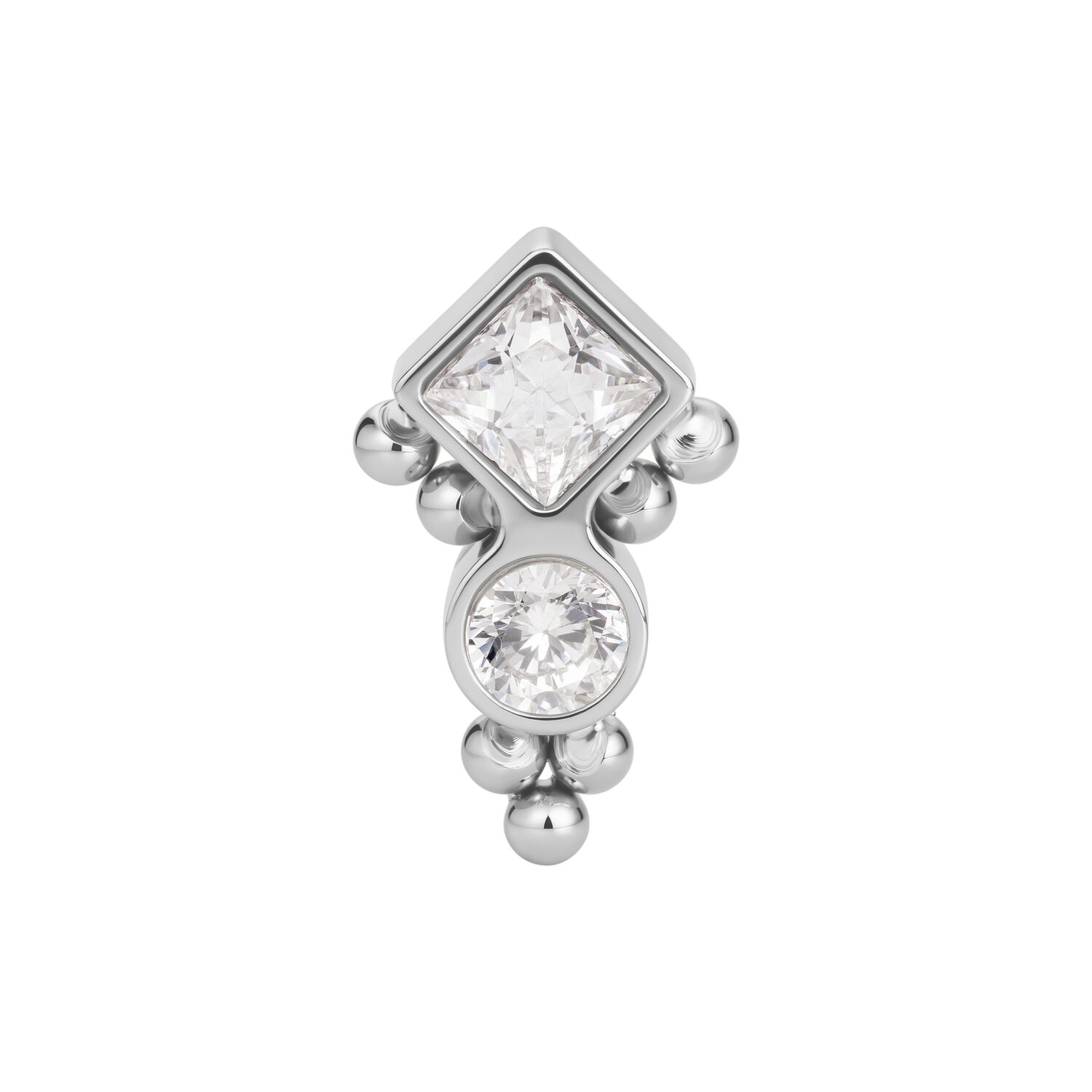 Ornement Push Fit Argenté Ornement argenté avec cristal carré et rond sur fond blanc
