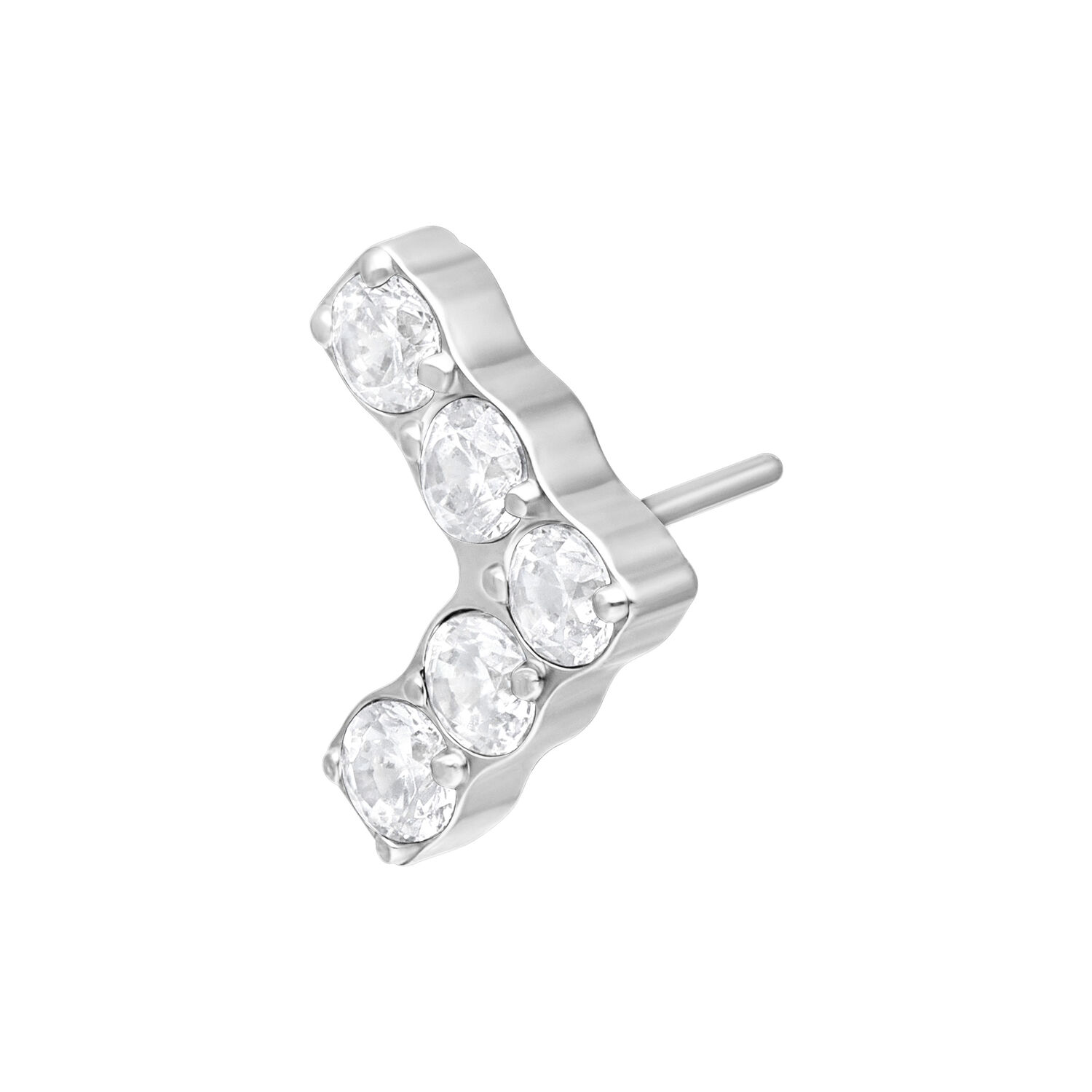 Embout en V argenté avec cristaux Embout de piercing en forme de V argenté avec cinq cristaux clairs sur fond blanc
