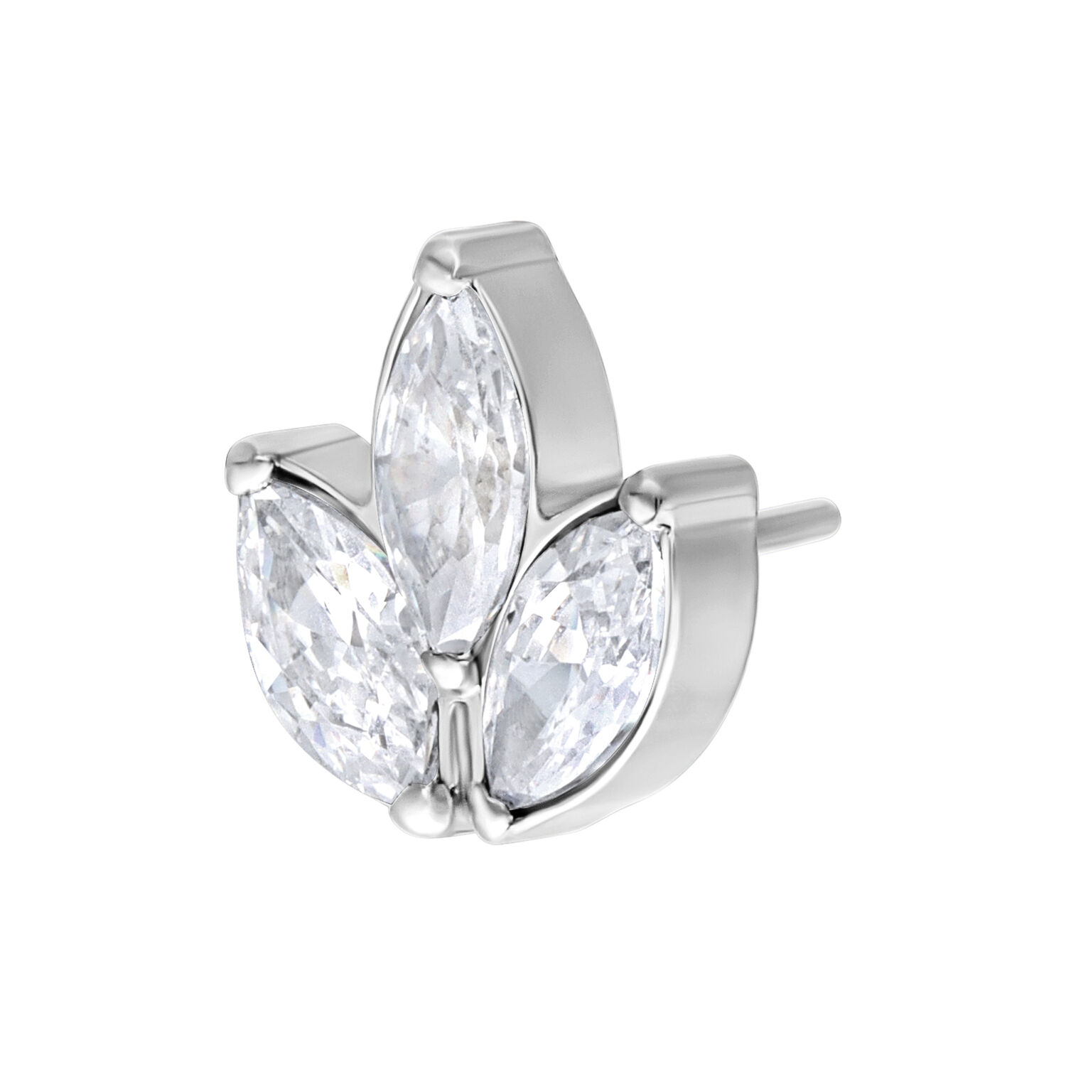 Embout Fleur Ovale Argenté Push Fit Embout de piercing argenté avec pierres ovales cristallines sur fond blanc