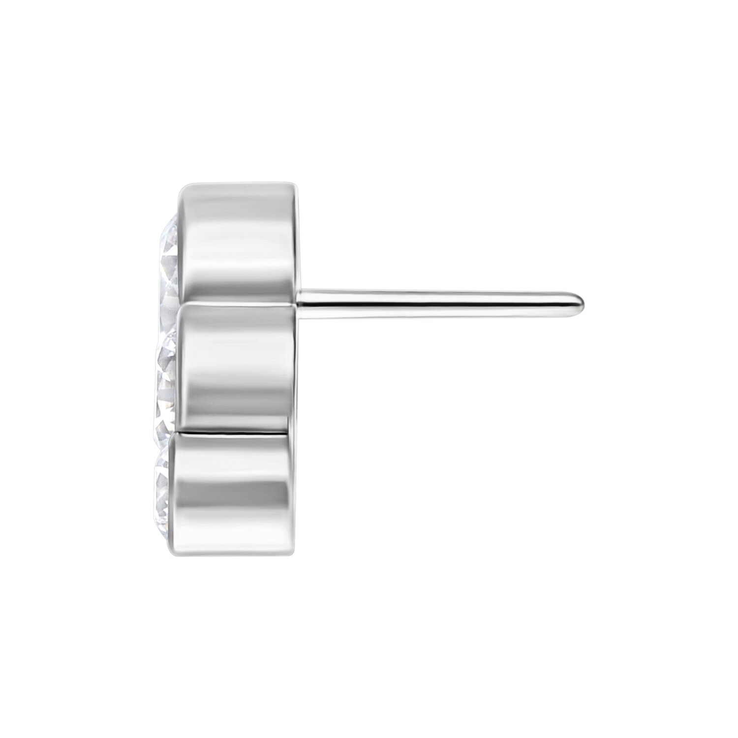 Embout argenté Push Fit 3 cristaux en arc Vue latérale d'un embout argenté Push Fit avec trois pierres cristallines sur fond blanc