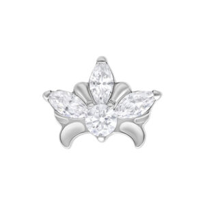 Embout de Tiara en métal argenté avec cristaux clairs sur fond blanc