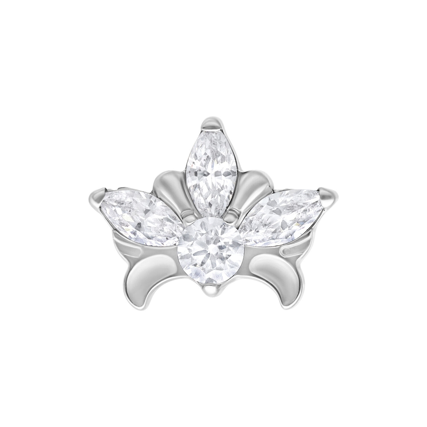 Embout de Tiara Argenté avec Cristaux Embout de Tiara en métal argenté avec cristaux clairs sur fond blanc
