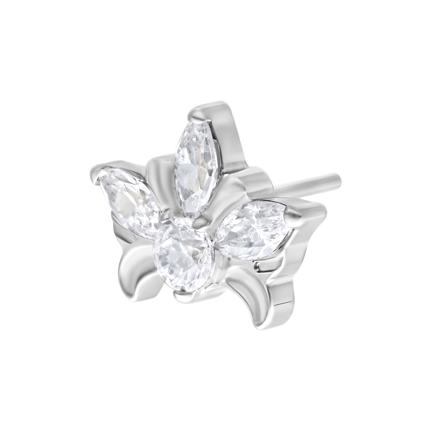 Embout Tiara Push Fit argenté avec cristaux Embout de tiara argenté avec cristaux clairs sur fond blanc