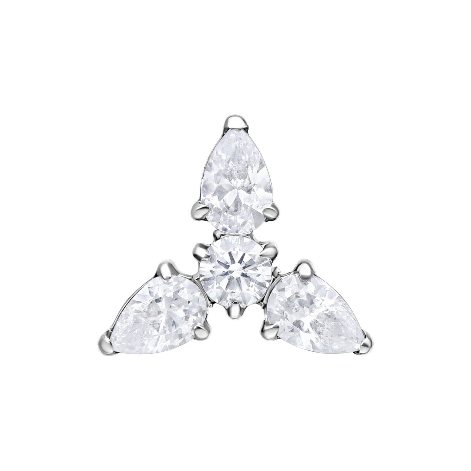 Embout Trinity Push Fit argenté Embout Trinity argenté avec trois cristaux clairs sur fond blanc