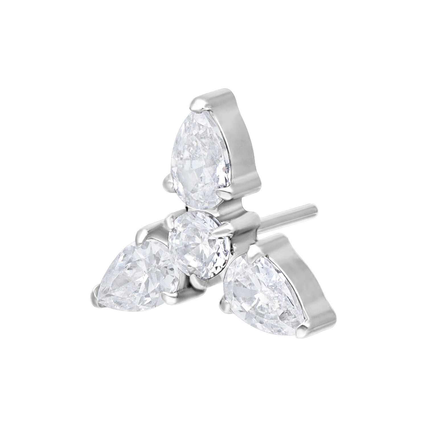 Embout Trinity argenté Push Fit avec cristaux Embout Trinity argenté en titane avec trois cristaux clairs sur fond blanc