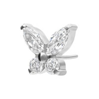 Embout papillon brillant en titane argenté avec cristaux clairs sur fond blanc