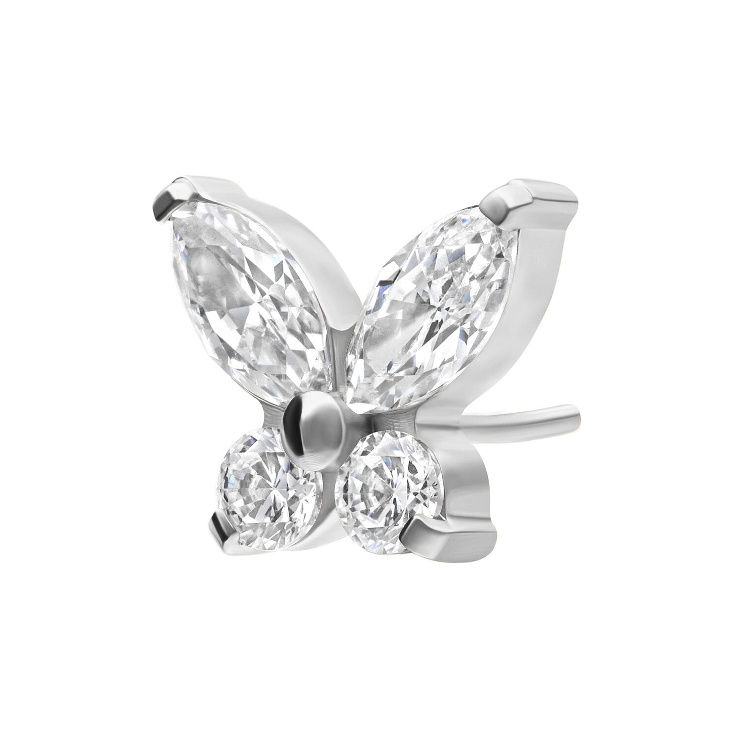 Embout papillon brillant en titane argenté avec cristaux clairs sur fond blanc