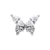 Embout Papillon avec Cristaux, Push Fit Embout de piercing papillon en argent avec cristaux clairs sur fond blanc