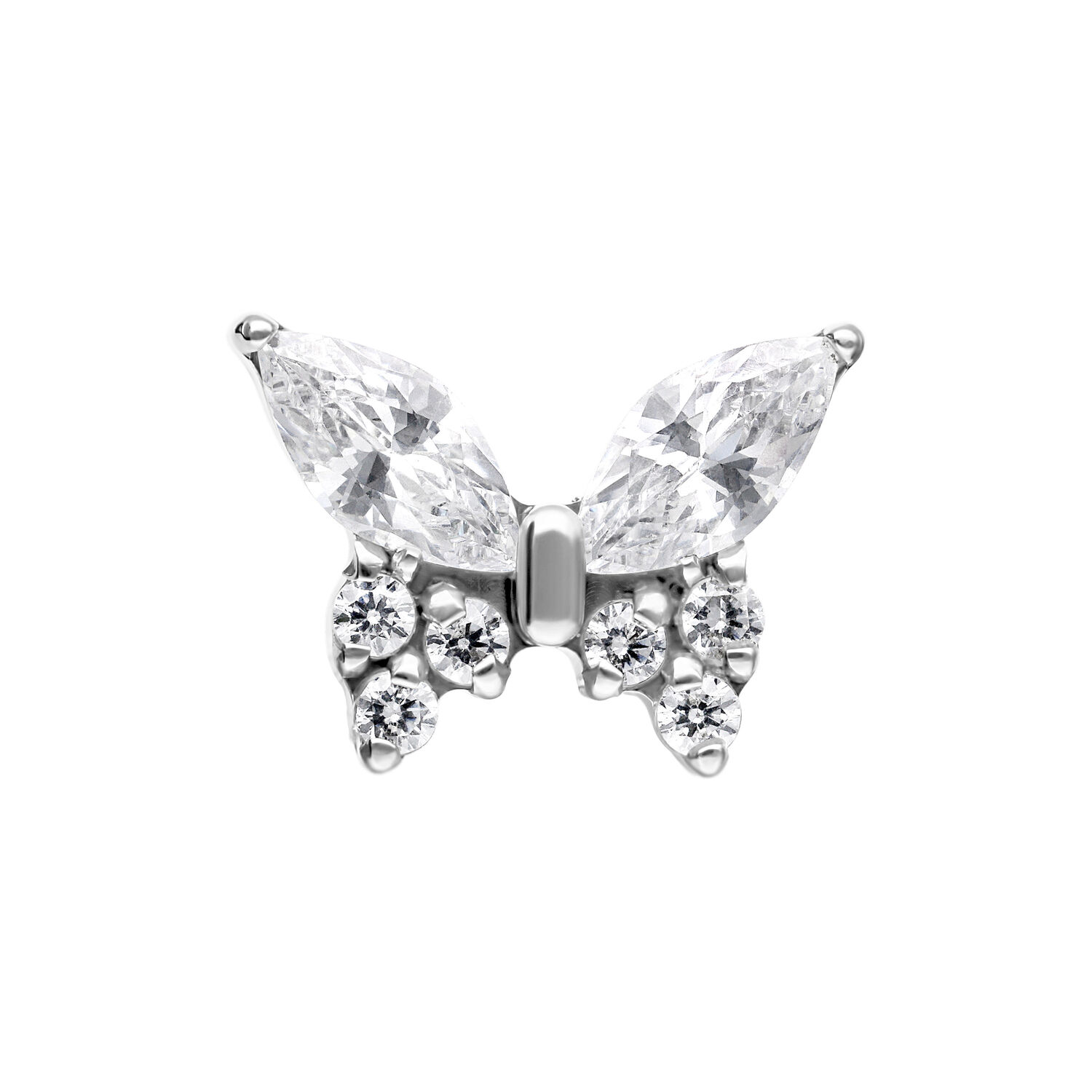 Embout Papillon avec Cristaux, Push Fit Embout de piercing papillon en argent avec cristaux clairs sur fond blanc