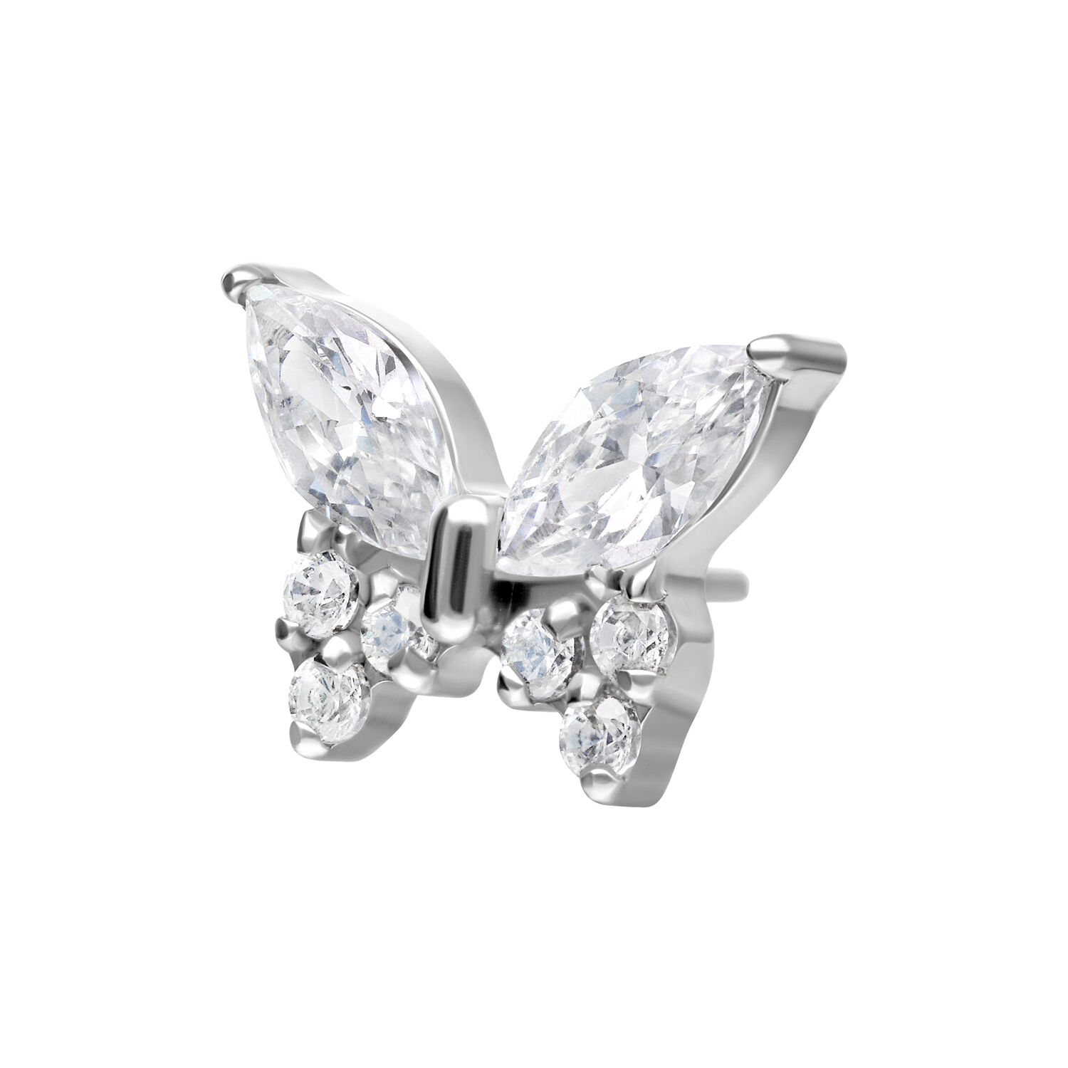 Embout papillon avec cristaux en argent Embout papillon en argent avec cristaux clairs sur fond blanc
