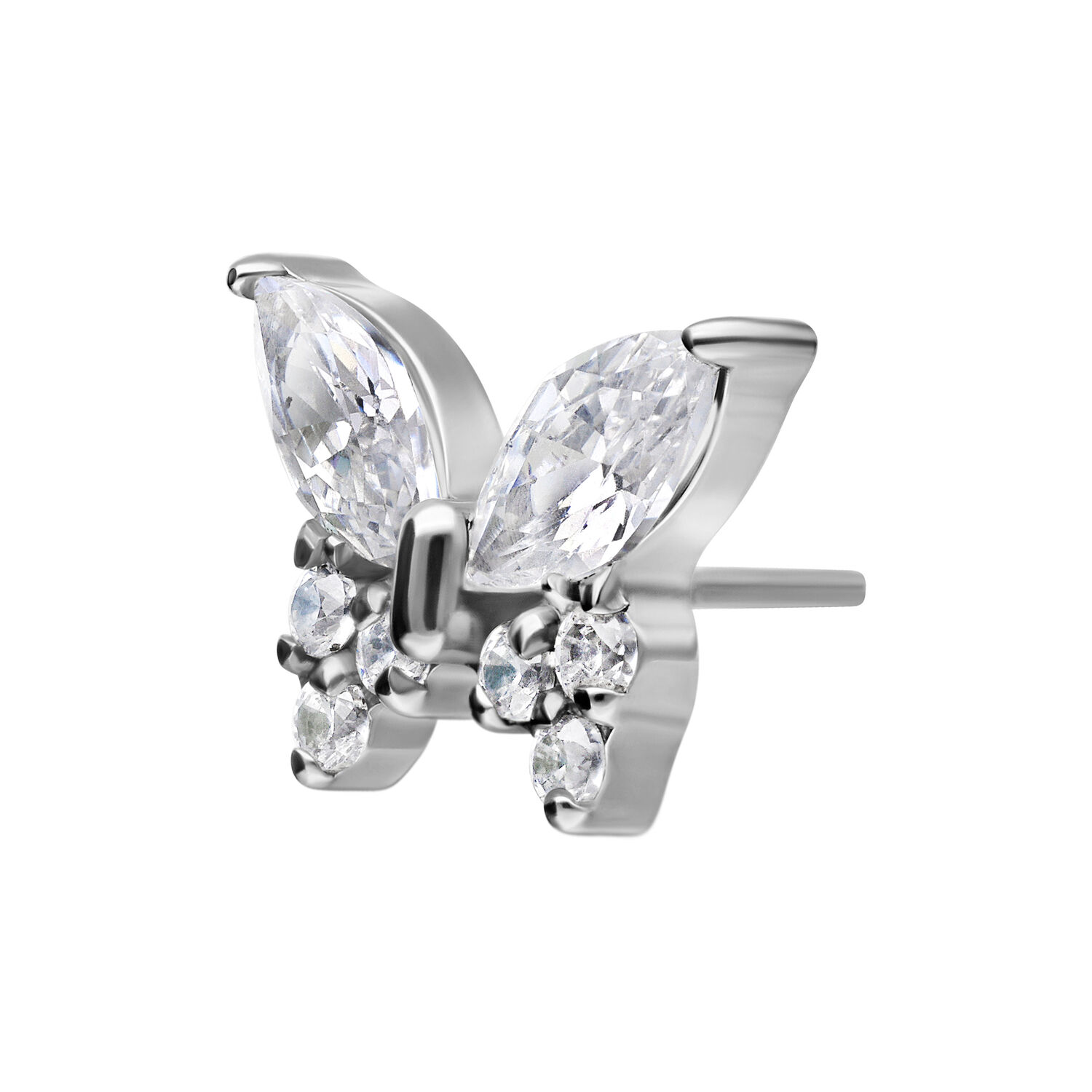 Embout papillon avec cristaux, argent Embout papillon argenté avec cristaux clairs sur fond blanc